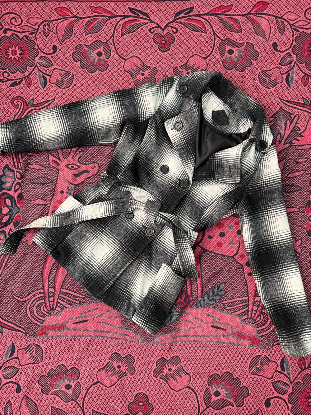 Jou Jou Black & White Plaid Belted Pea Coat